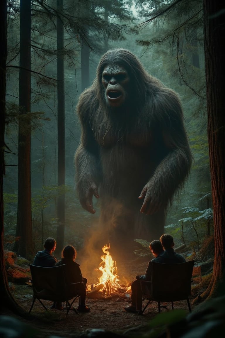 The campfire crackles softly,  casting flickering shadows in the dense forest. The scene feels as if it were directed by D...