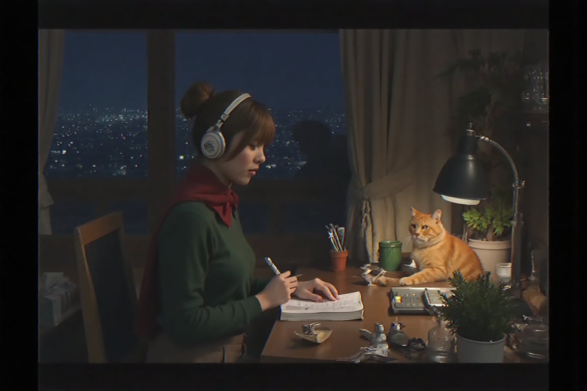 A cozy and warm study room at night with a city view through the window. A girl with brown hair tied in a bun, wearing a green sweater and a red scarf, is sitting at a desk. She is wearing large headphones with a cat design, focusing on writing in a notebook. The desk is cluttered with various stationery items, plants, and a laptop. An orange tabby cat is sitting on the windowsill, looking outside. The room is lit by a desk lamp, creating a calm and studious atmosphere.”