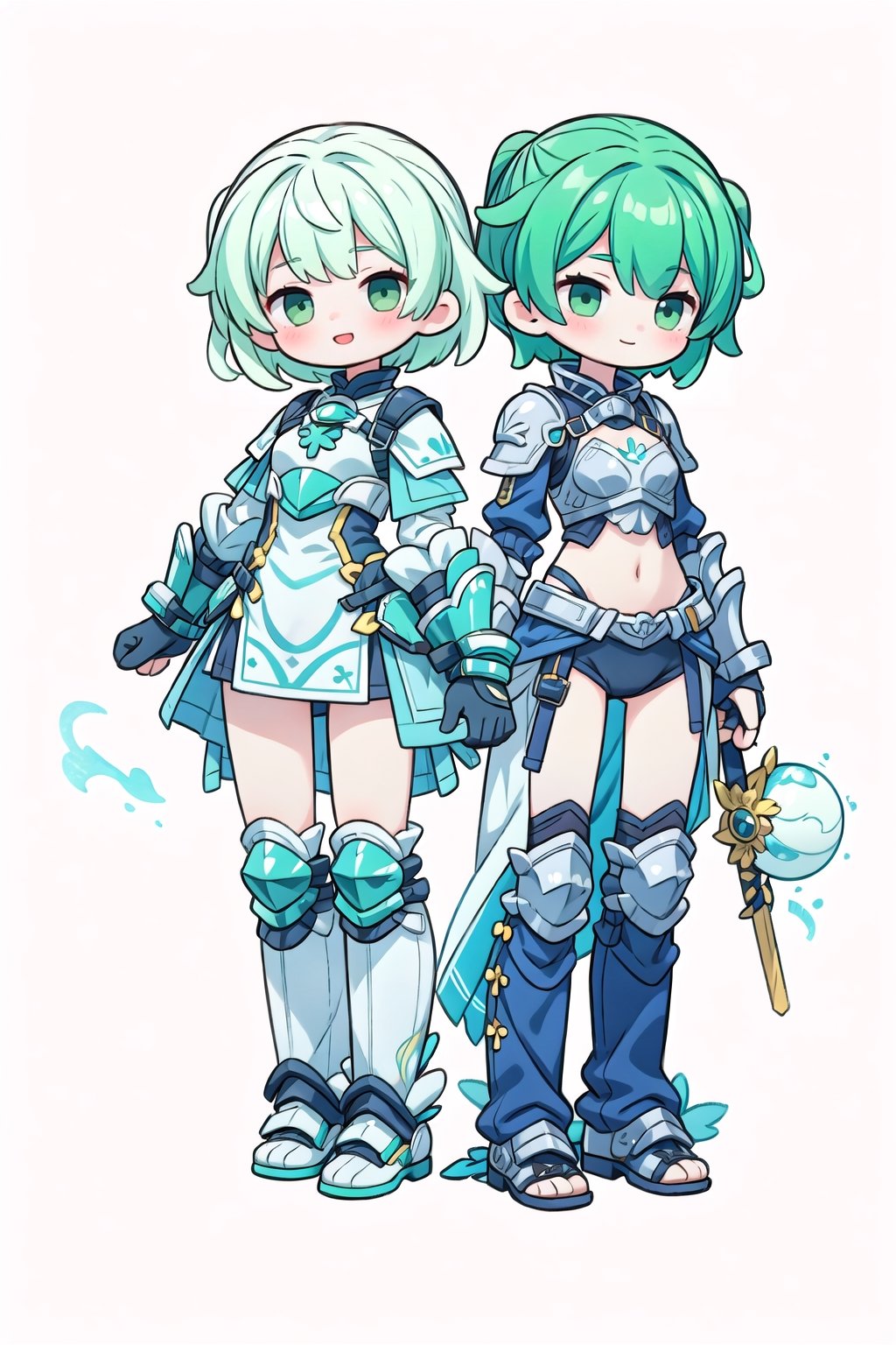 ((2girl)), :),green hair, short hair,  full body, (white background), make armor 