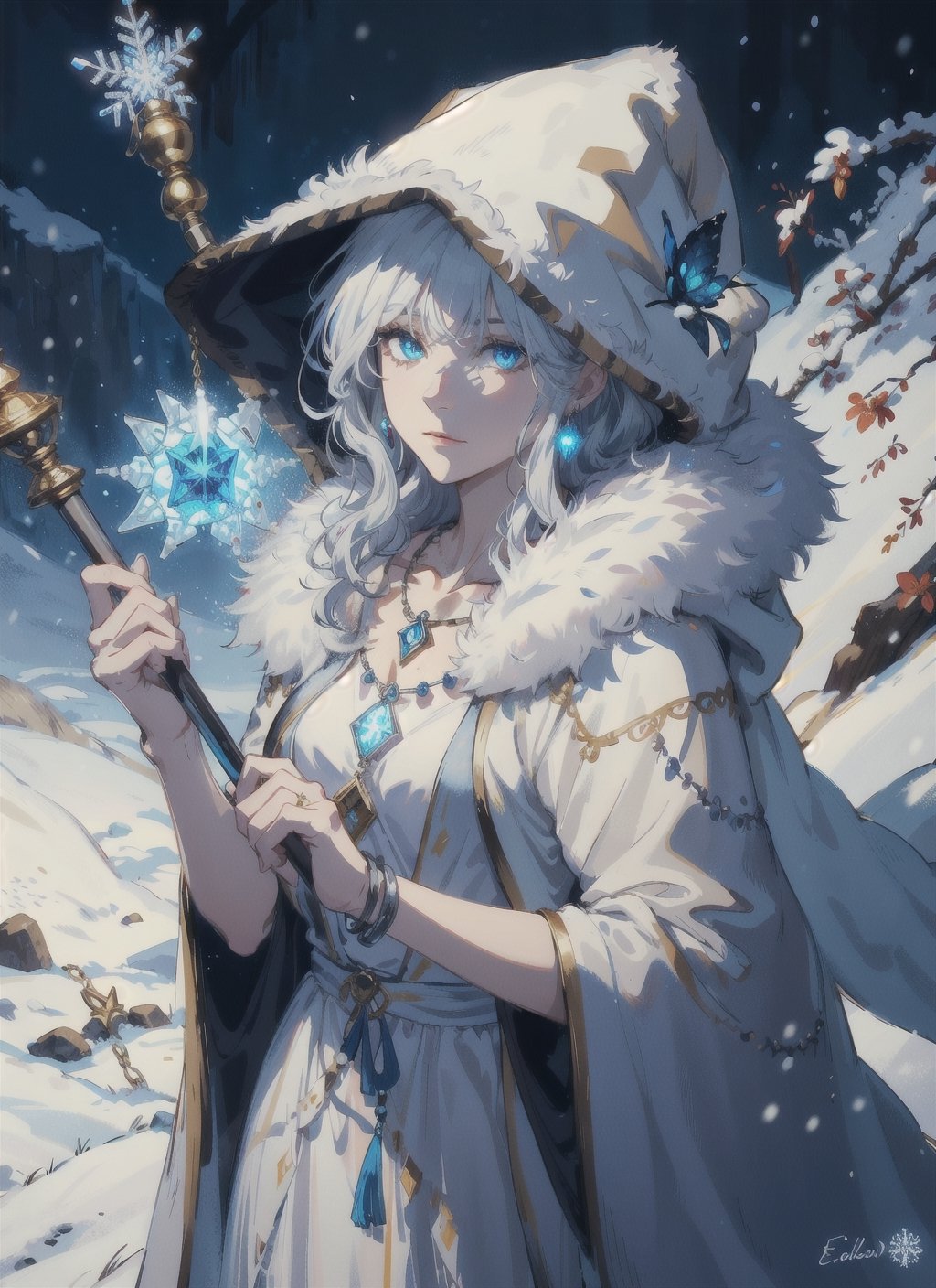 Jani is a witch who lives in a snowy region of Elden Ring. She has long silver hair and blue eyes that glow with magic. She wears a white dress with fur trim and a hooded cloak that covers her shoulders. She also wears a silver necklace with a pendant shaped like a snowflake. She carries a staff that can summon wolves and cast ice spells.