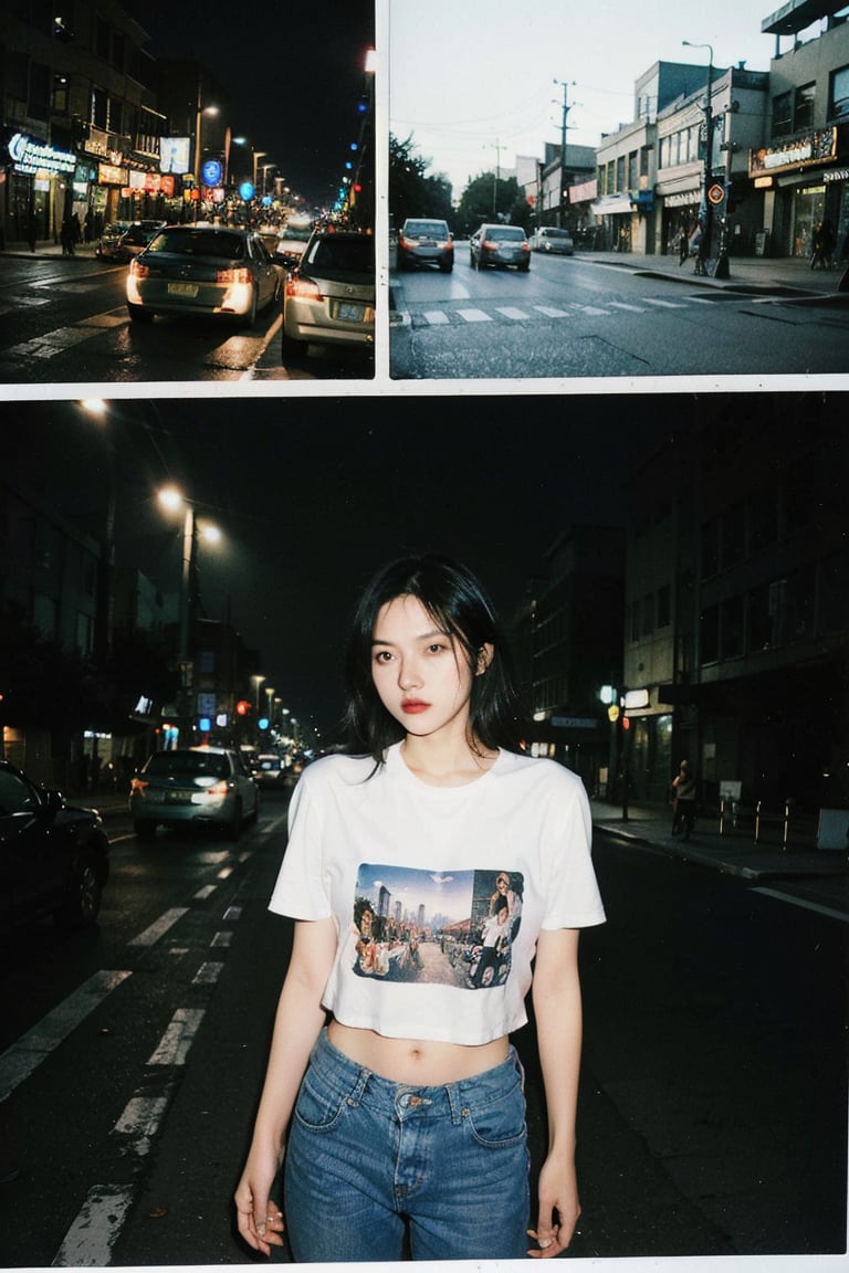 1girl, lomo-style photograph, Polaroid Film frame, flash light photograph, complete dark, cowboy_shot, street, (collage style:1.2), (motion blur:1), Long exposure photography