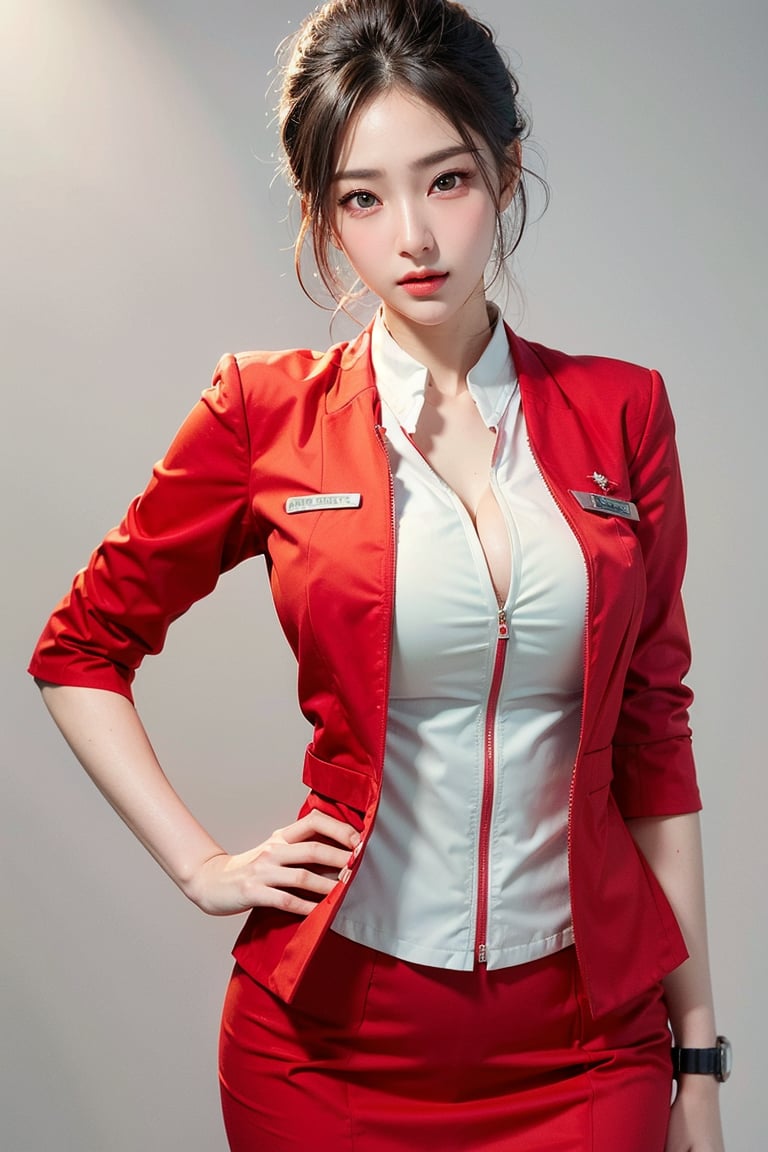 ((simple background)), flight attendance uniform, black hair in chignon, Stewardess Scarf, red blazer, white collar shirt, red skirt, standing, Realistic, Photorealistic, K-Pop idol, highest quality, surrealistic, high resolution, 18 years old, young , sexy woman, 1 girl, medium breasted, beautifully detailed eyes, perfect eyes, enchanting eyes,