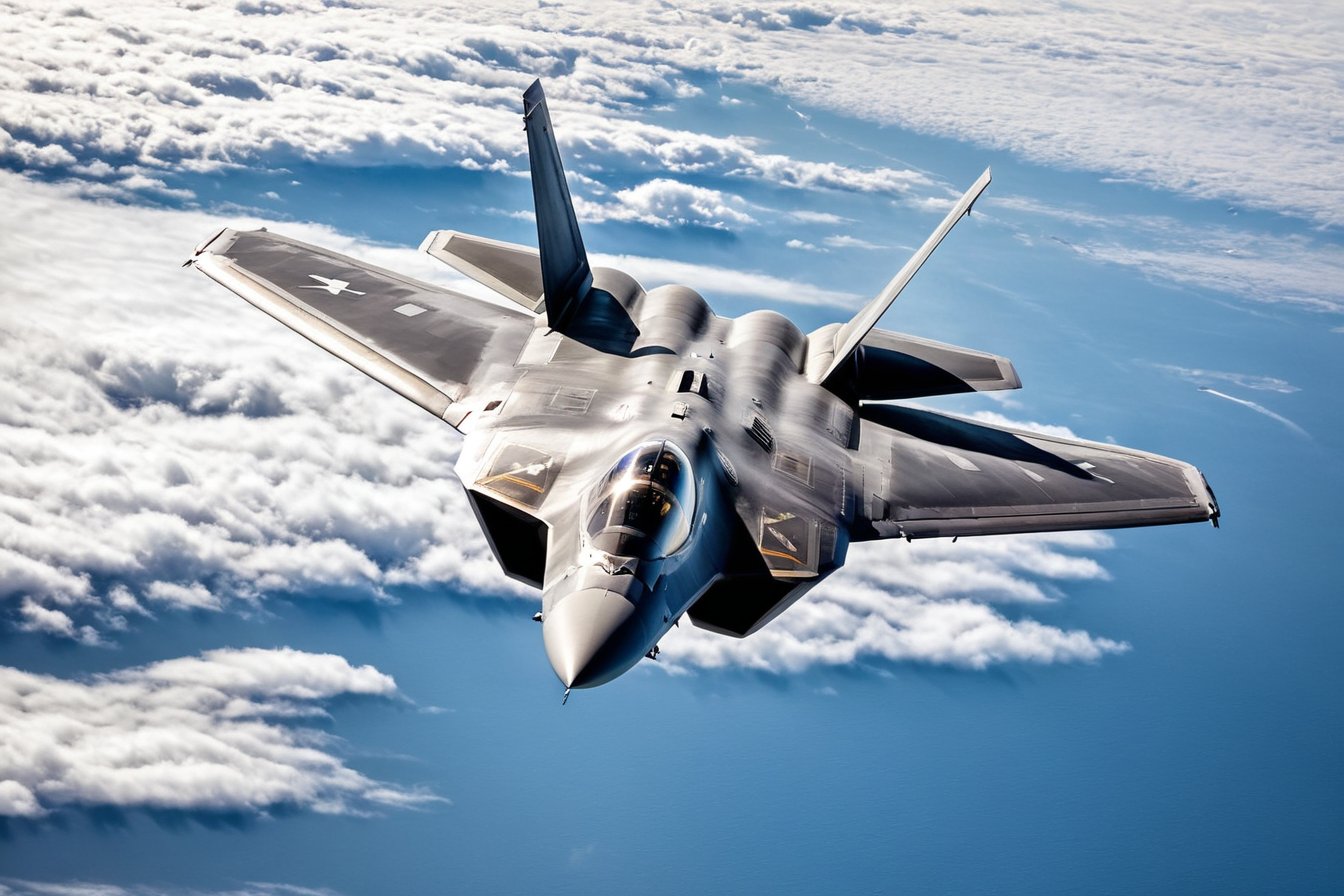 Full view, F22 raptor, in the sky, cloudy, best quality,