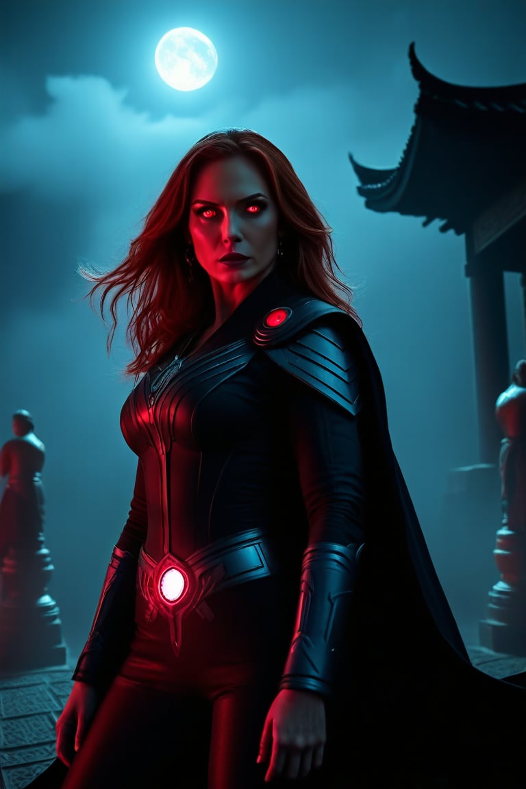 Wanda Maximoff, in the temple, night, misty, red eyes,