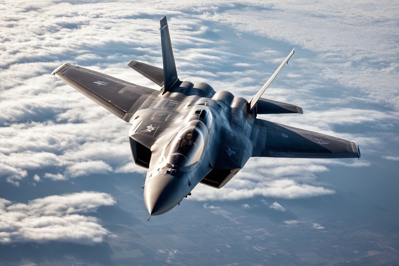 Full view, F22 raptor, in the sky, cloudy, realistic shadows,