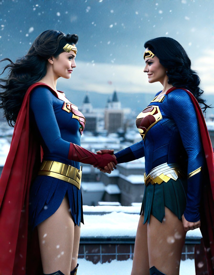 Wonder Woman on the rooftop, snowy, shaking hands with supergirl, (realistic, photo, photorealistic)