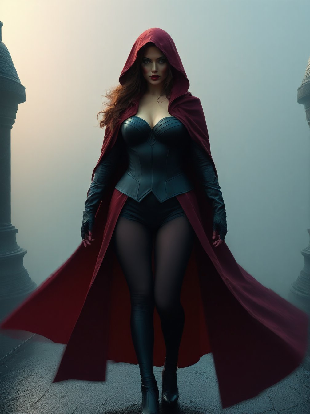 Scarlet Witch, in the temple, dawn, foggy, red eyes, hood coat, busty, pantyhose, (masterpiece, best quality, highly detailed), (realistic)