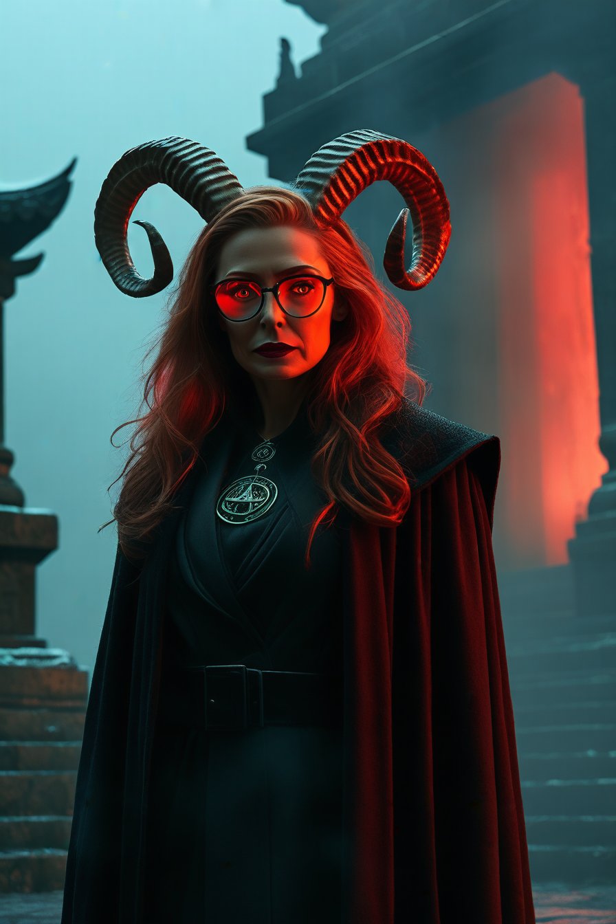 Wanda Maximoff, in the temple, night, misty, red eyes, overcoat, goat horns, glasses, (masterpiece, best quality, highly detailed), (realistic)