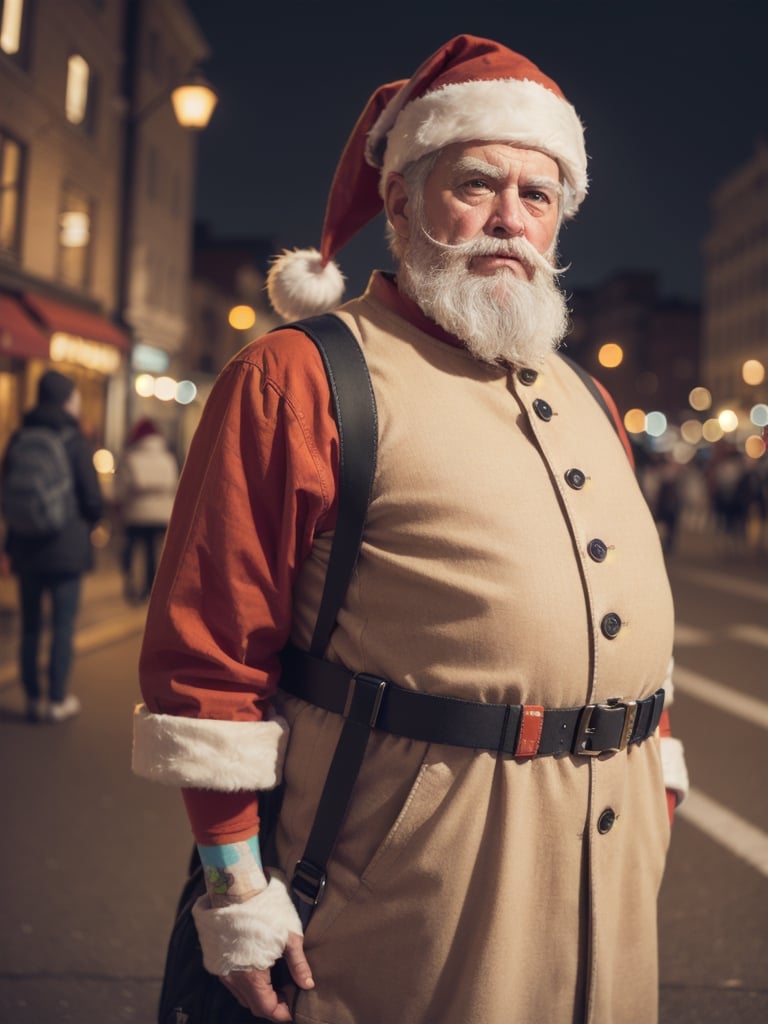 (Realistic,High Detailed,4K,HDR) Tough Santa Claus with a backpack in the city at night, looking tired.