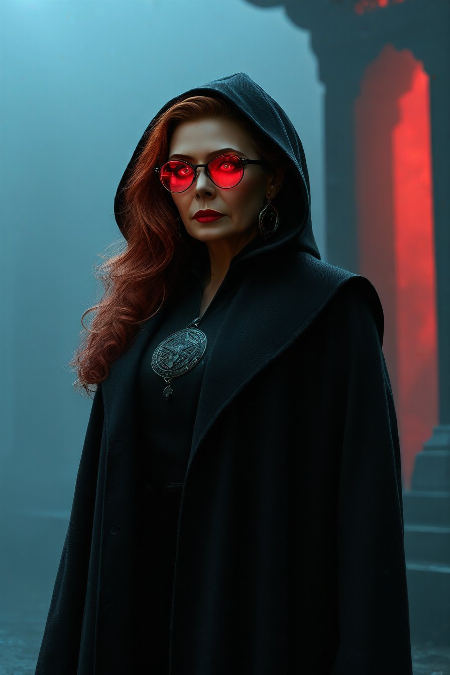 Wanda Maximoff, in the temple, night, misty, red eyes, overcoat, cap, glasses, (masterpiece, best quality, highly detailed), (realistic)