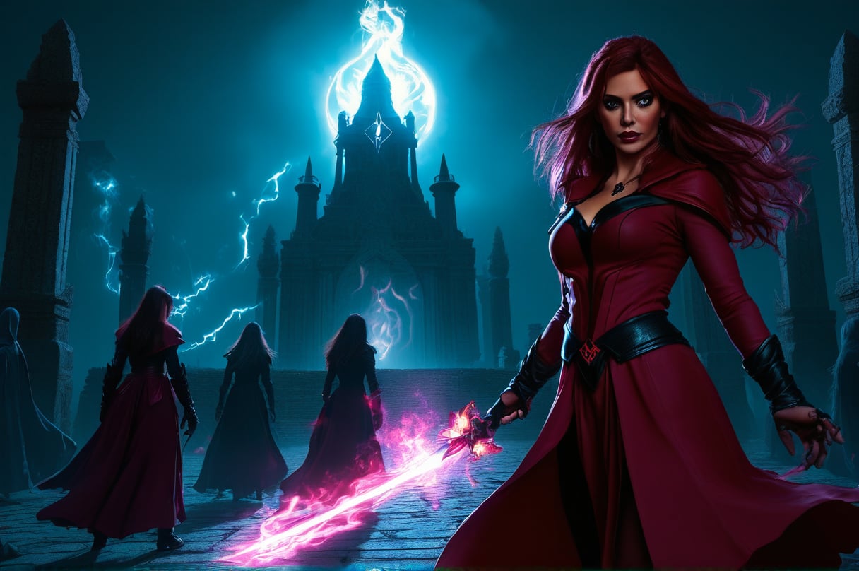 Scarlet Witch, in the break down temple, night, mage army,