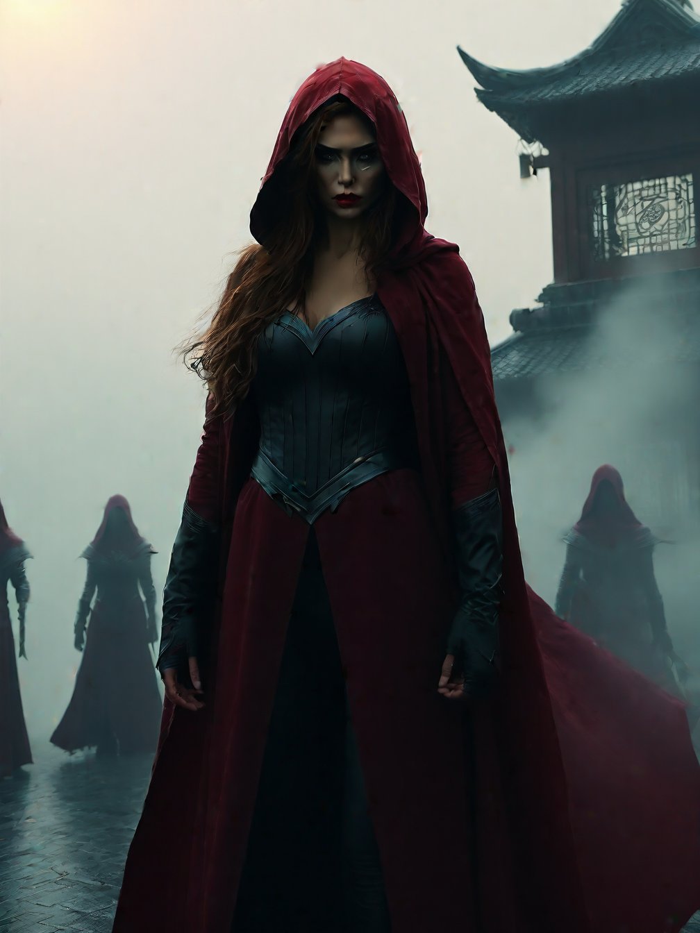 Scarlet Witch, in the temple, dawn, foggy, red eyes, hood coat, (masterpiece, best quality, highly detailed), (realistic)