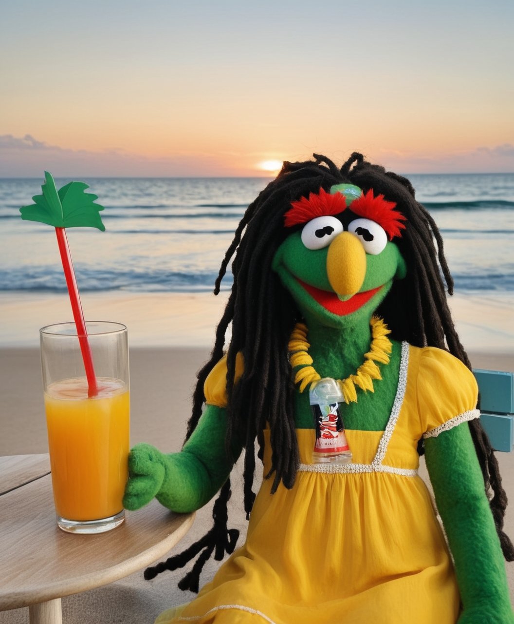 show muppet doll with dreadlocks and in a yellow sundress with a glass of juice on the beach