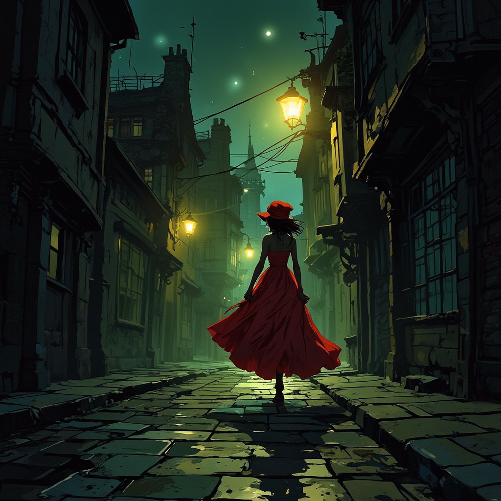 animeniji,niji,2D flat anime, In a cobblestone alley of 18th century London at night, lots of fog, lit by street lamps, a girl walks down the street in red evening dress blown by the wind, a red hat, mysterious atmosphere, masterpiece, top quality, best quality, beautiful and aesthetic, extreme detailed, highest detailed, 16k, high resolution, perfect dynamic composition, bokeh, sharp focus, super wide angle, high angle, high color contrast, medium shot, by Gustav Klimt and Mucha and Caravaggio