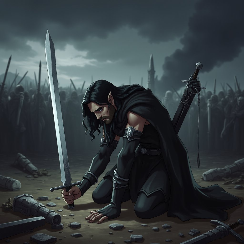 Weeping Elf by a Broken Sword: An elf kneels in sorrow beside a broken sword, half-buried in the earth. His head is bowed, and his long hair cascades down, hiding his face. The battlefield around him is empty, with remnants of a fierce battle scattered across the ground. The sky above is dark and foreboding, with a storm brewing in the distance.