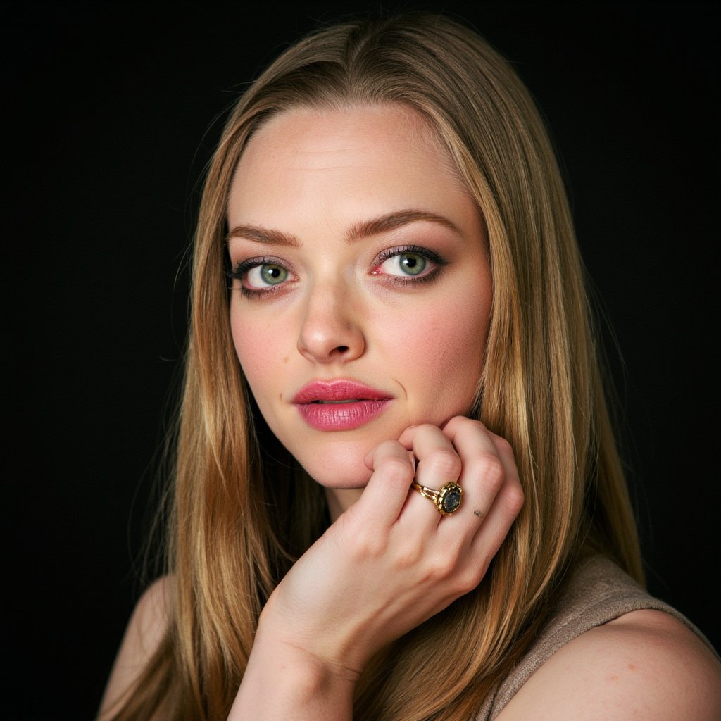 Amanda Seyfried, extremely detailed face, skin, hair, and eyes, photograph, young woman, 1970'S, Colored hairstyle, Ring, designed by Taylor Wessing, Portraiture, intimate, capturing personality