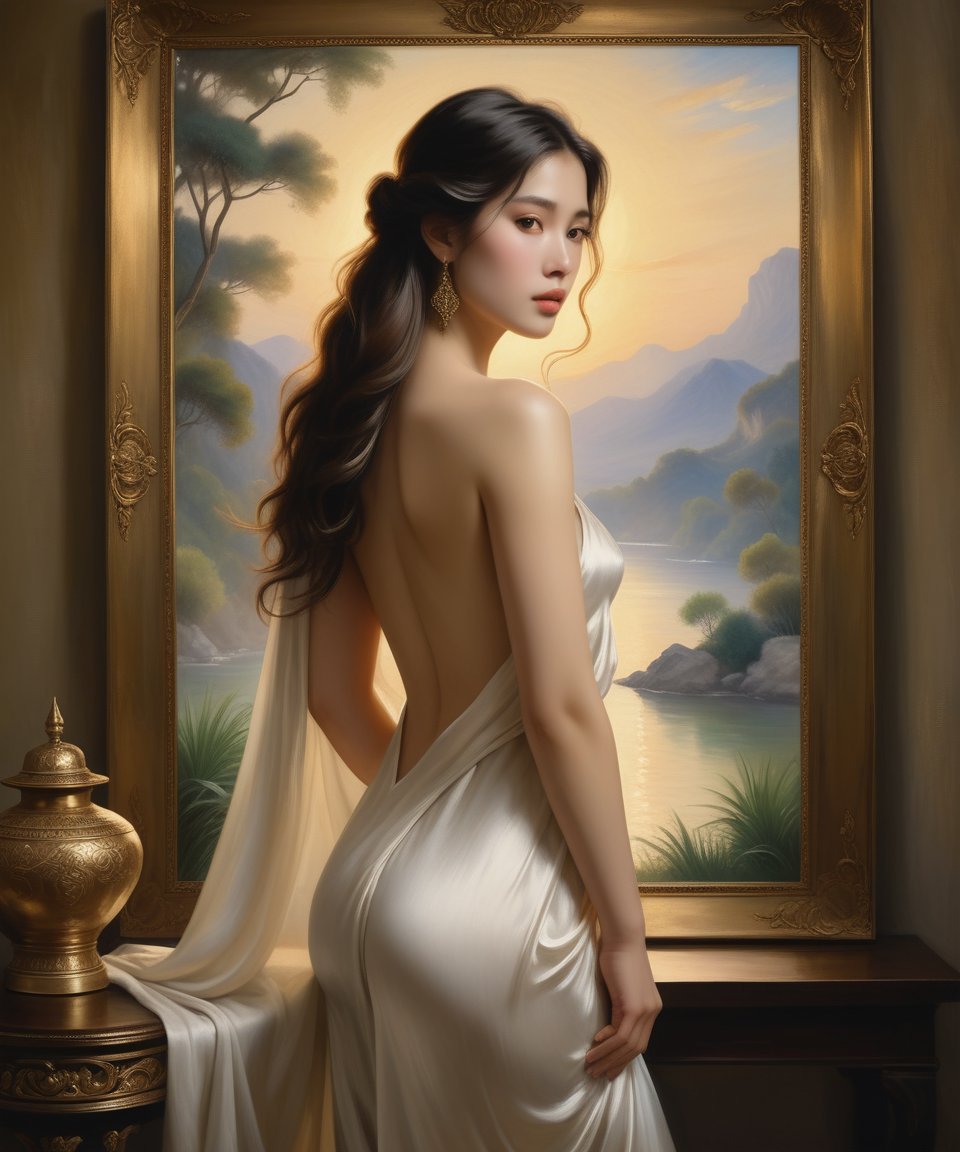 (masterpiece), painting, black & white, best quality, good anatomy, (1 girl), beautiful, alluring and sensual woman with graceful curves, her pose exuding a subtle air of confidence and elegance. Her form is delicately highlighted by soft shadows, emphasizing the natural beauty of her silhouette. Her long, flowing hair cascades over her shoulders, framing her face with an enticing gaze. The atmosphere is intimate, capturing the quiet allure of the moment. Inspired by the works of Pierre-Auguste Renoir, John William Waterhouse, and William-Adolphe Bouguereau, the scene blends classic artistic beauty with a hint of modern sensuality, portraying the woman as both timeless and captivating. Ancient Thailand serves as the backdrop, adding an exotic and refined touch to the image