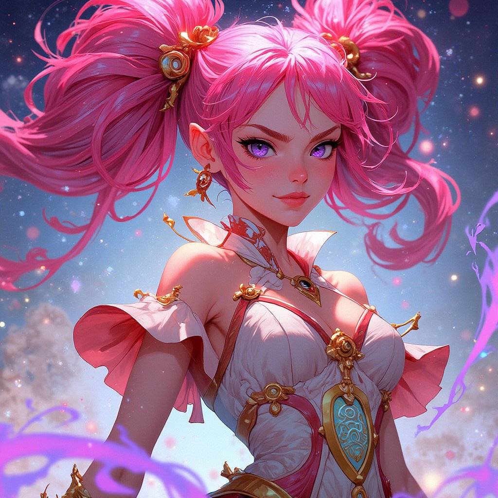 animeniji, anime, niji, 2D flat anime, (off-center composition, dynamic left aligned composition), A close-up of a magical girl with sparkling pink hair, her eyes shining with determination. She wears an elegant outfit adorned with ribbons and magical symbols, and her expression is fierce yet kind. The background is filled with soft, swirling colors, suggesting the presence of magic.