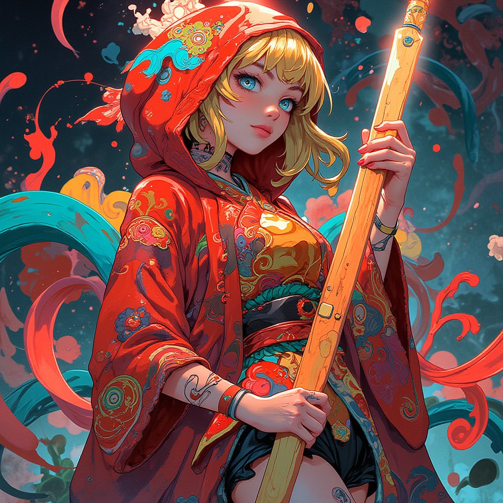 Kyoto Animation stylized anime, a sensual woman with blonde hair, and blue eyes, with detailed ornate fur hooded kimono, red hooded kimono, miniskirt, fantasypunk. Cinematic lighting, ethereal light, intricate details, extremely detailed, incredible details, full colored, complex details, insanely detailed and intricate, hyper maximalist, extremely detailed with rich colors. masterpiece, best quality, HDR, UHD, unreal engine. Representative, fair skin, rich in details High quality, gorgeous, 8k, super detail, gorgeous light and shadow, detailed decoration, detailed lines,glitter,,animeniji,anime,niji,2D flat anime,JamesJean,painting,surreal,vibrant,fantasy,dreamlike,swirling patterns,swirling colors,whimsical