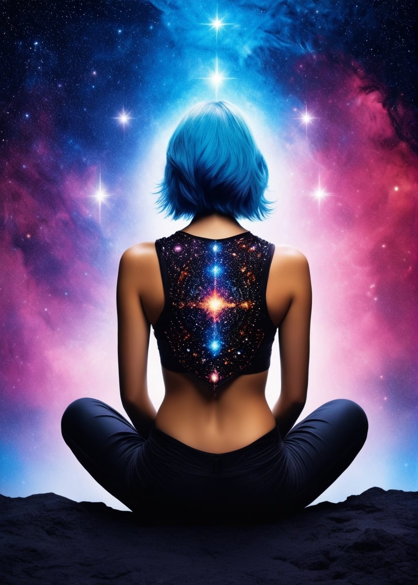 psychodelic,in a space, A female deity with nebula-colored hair sitting with her back to the viewer, her back is covered with cosmic symbols, view from back,Movie Prince Dastan