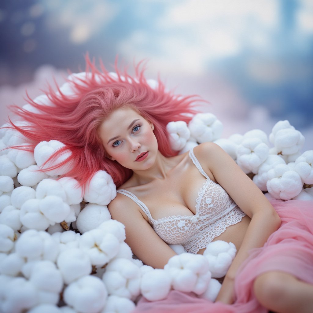 Vibrant ash pink-haired beauty sprawls amidst a whimsical wonderland of white cotton balls, fiery locks ablaze like a halo behind her. She wears a delicate white lace top and lightweight pink skirt, her piercing blue eyes shining beneath bold red lips. Soft focus misty background dissolves into swirling blues, whites, and pinks, enveloping the ethereal beauty in an otherworldly dreamscape.