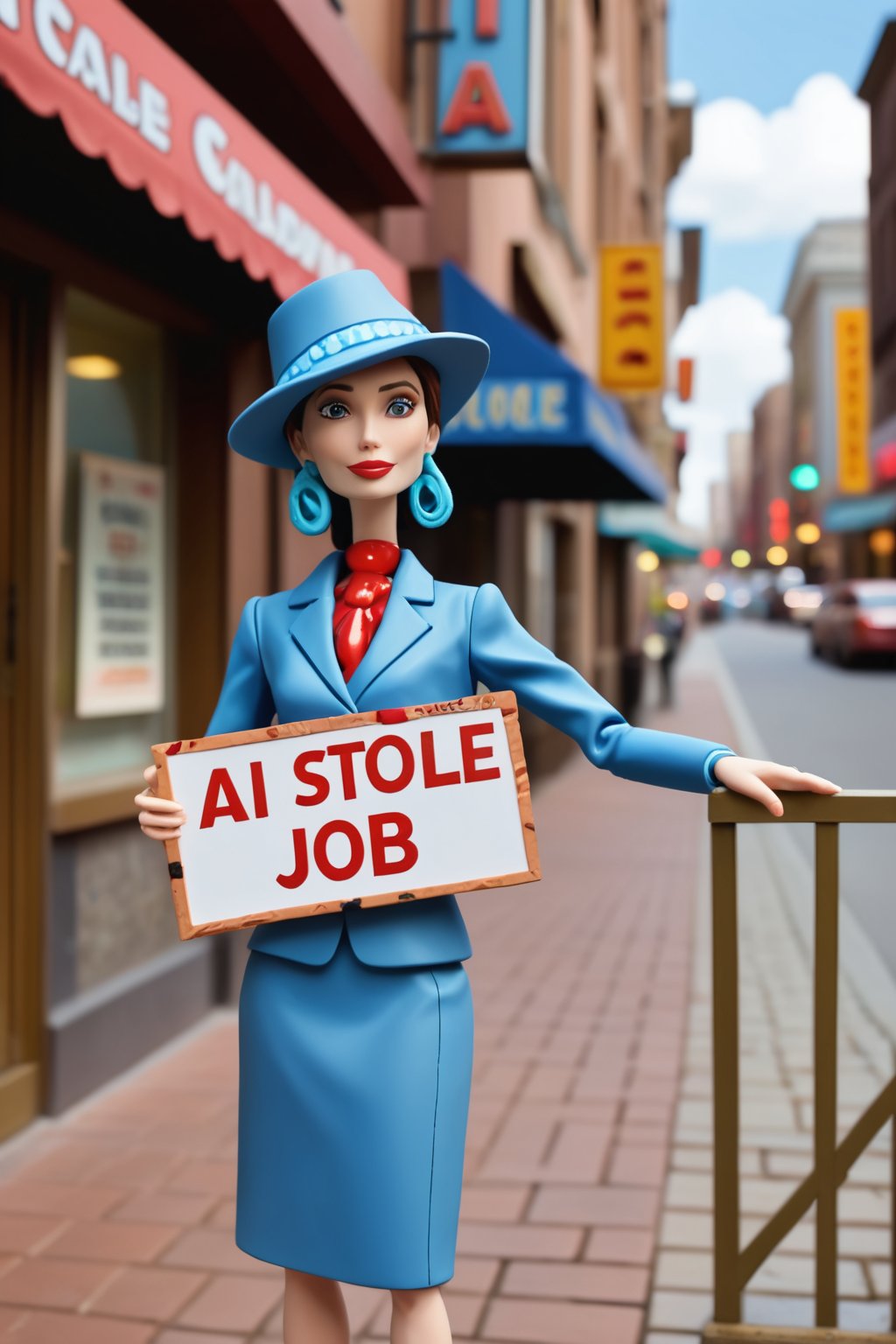 Claymation mode, sculpted clay, jerky stop motion,  clay animation, eccentric attire, beautiful woman with a sign (("ai stole our job":1.35)), city