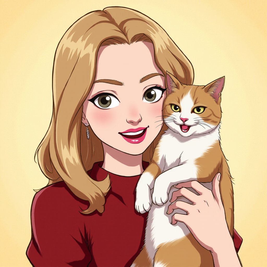 cartoon Amanda Seyfried, holding a cat,Mh1$AgThS2,cartoon-style,cartoon-style