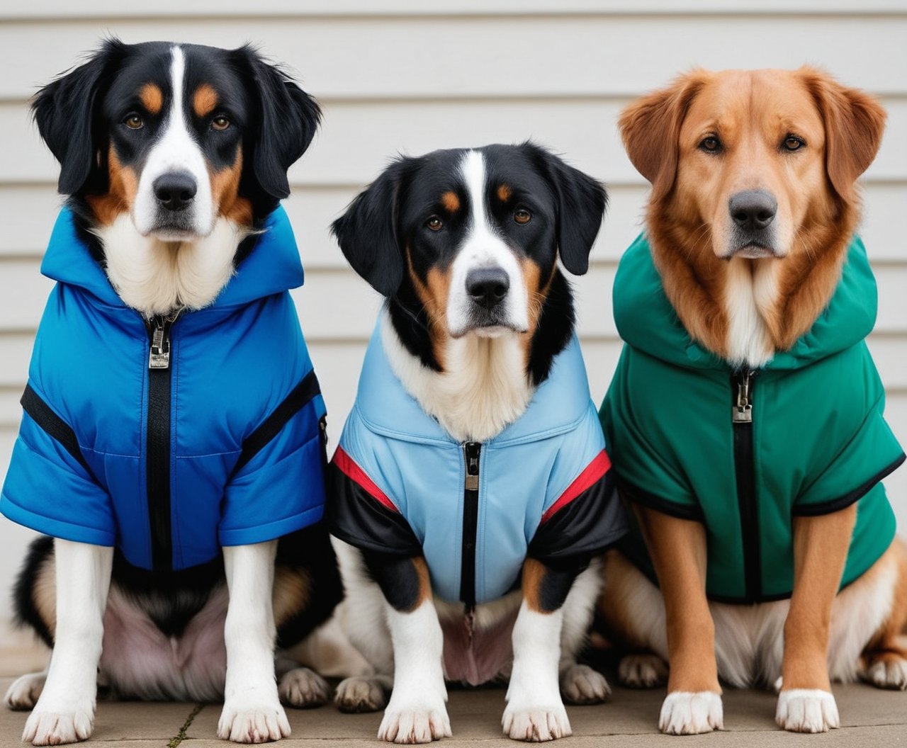 three dogs wearing coats