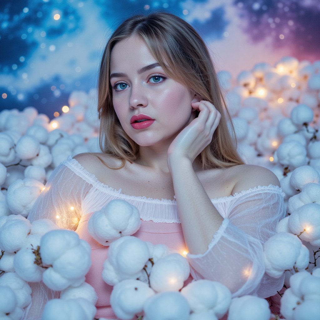 dreamy portrait of a  light ash-lilac beauty basking amidst a fantastical scene of white cotton balls, illuminated by the gentle glow of fireflies like tiny stars. Soft focus on her silky locks haloed behind her, as she lounges against a swirling nebula backdrop in shades of blue, white, and pink. Her piercing blue eyes sparkle beneath bold red lips, set against a delicate white silk blouse and light pink skirt that accentuate her ethereal beauty. Micro-particles radiate from her skin, as she dissolves into the surreal landscape.