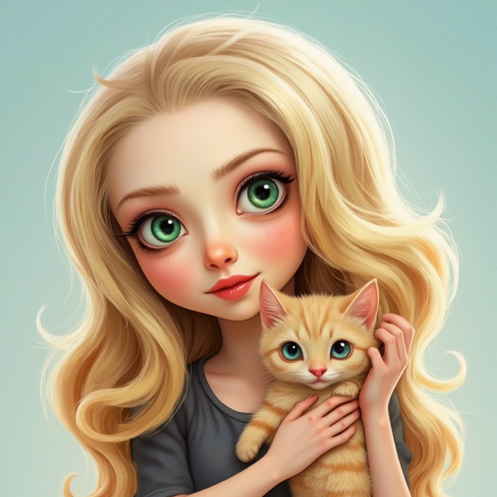 cartoon Amanda Seyfried, holding a cat, 0r1g