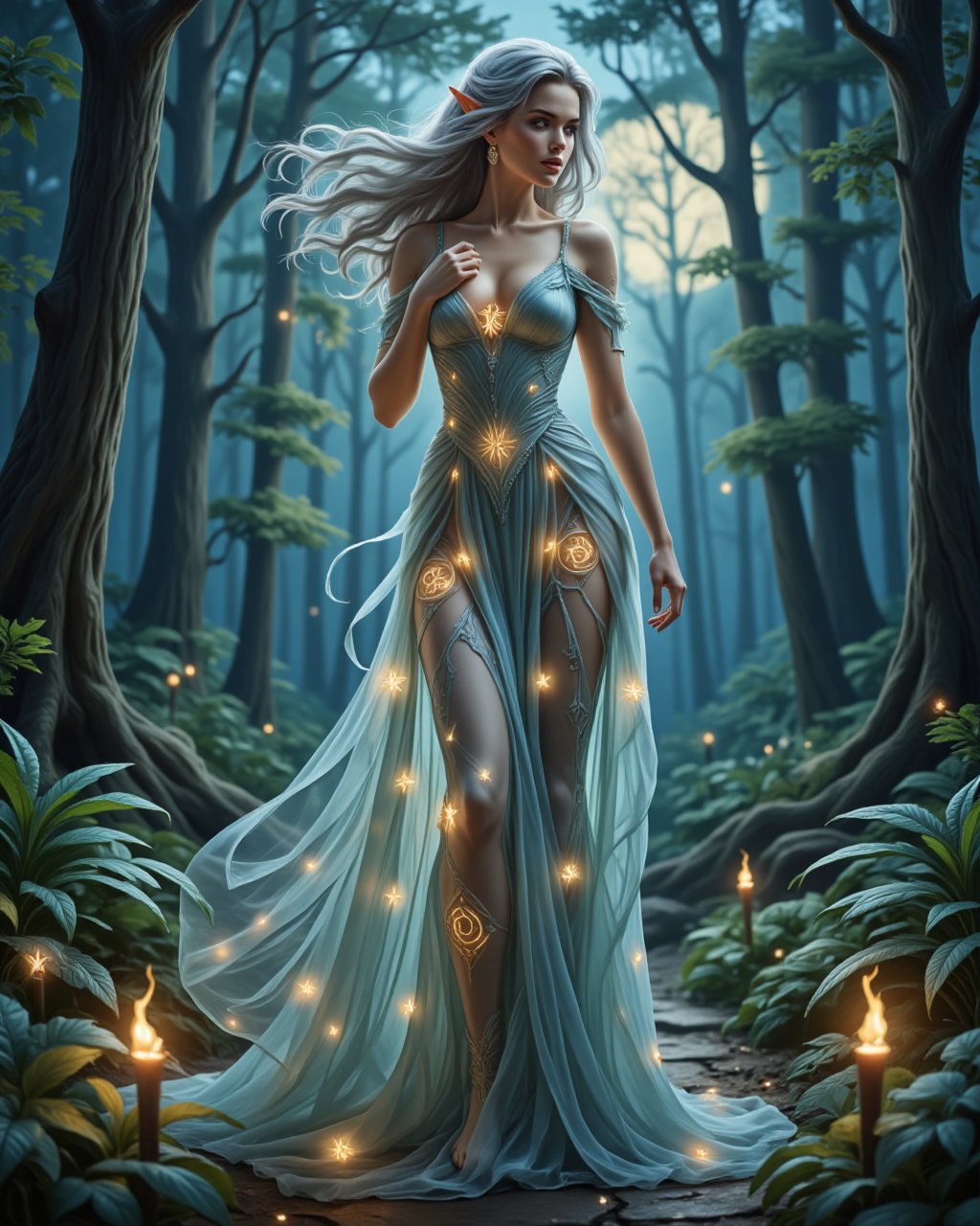 (masterpiece), fantasy art, soft glowing light, intricate details, best quality, good anatomy, (1 girl), a stunning elven woman depicted from the waist up, her body draped in a flowing, semi-transparent gown adorned with magical symbols. Her pose is both graceful and enticing, as she leans slightly forward, her hand resting lightly on her chest. Her expression is filled with longing and curiosity, her lips parted as if whispering a secret. Her glowing eyes, full of emotion, draw the viewer in. Her long, silver hair flows around her, glowing faintly with magical energy, while the background is a mystical forest bathed in the soft glow of moonlight, adding to the enchanting atmosphere