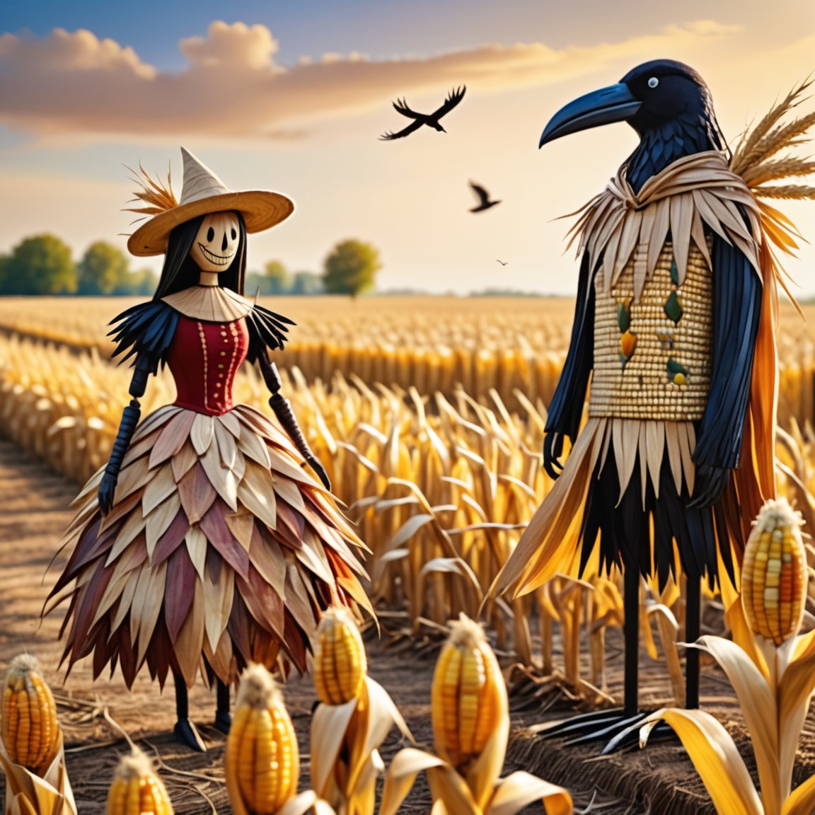 Corn husk art mode, textured husks, earthy tones, era 2020s contemporary, human and bird, duo, corn husk art style, Rating SFW, a scarecrow and a crow standing in a cornfield depicted in corn husk art with textured husks and earthy tones, ¬the corn husk art style adding a sense of rustic charm and tradition, soft focus filte