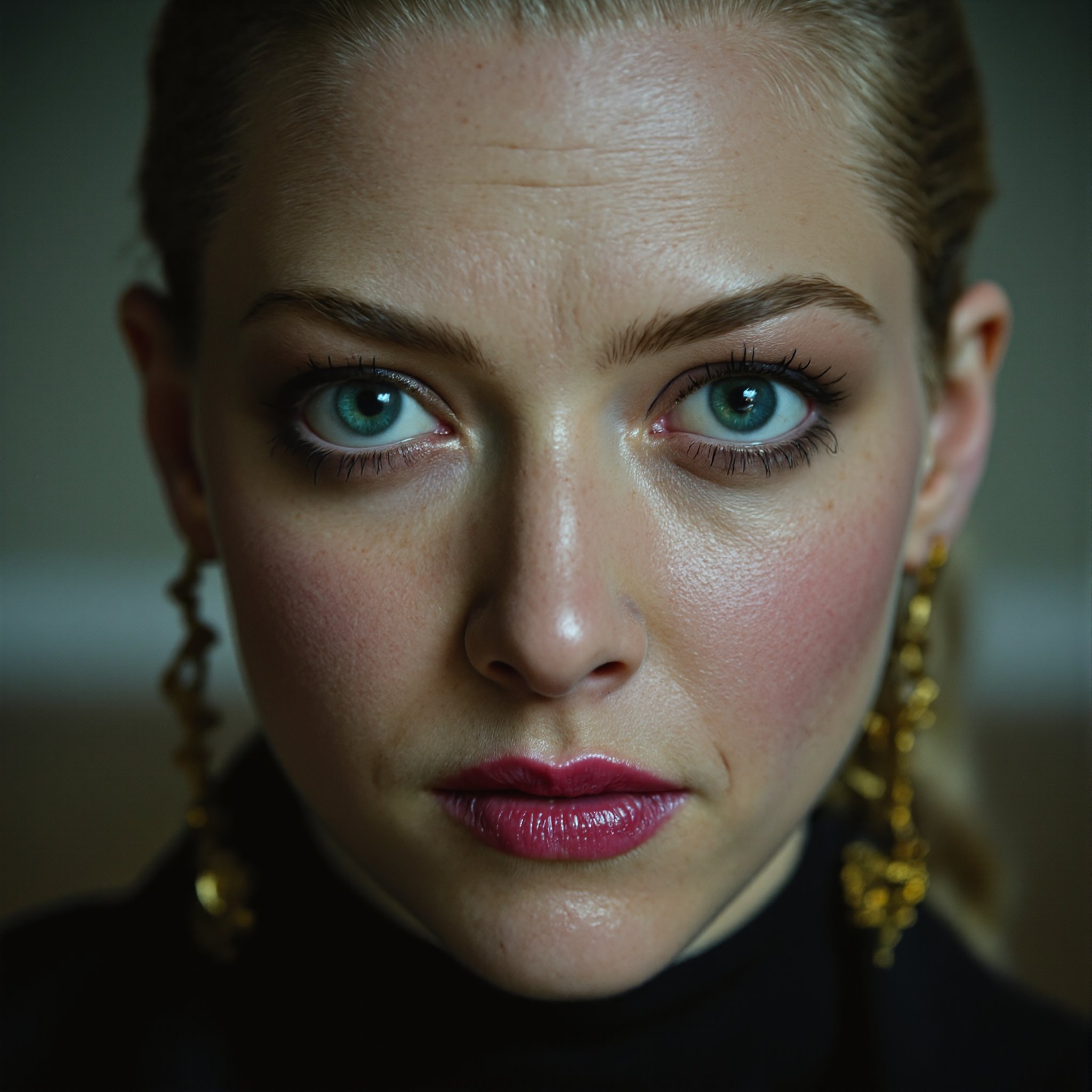 In a tight close-up frame, the camera captures the enigmatic face of a young mage woman bathed in an unearthly glow. Her ghostly complexion appears almost see-through, with a subtle sheen suggesting expert makeup application. Golden earrings glint with mystique, as if infused with ancient magic. Though her eyes are obscured, her full lips curve into a wistful, sinister smile, implying secrets and whispered incantations.,Amanda Seyfried