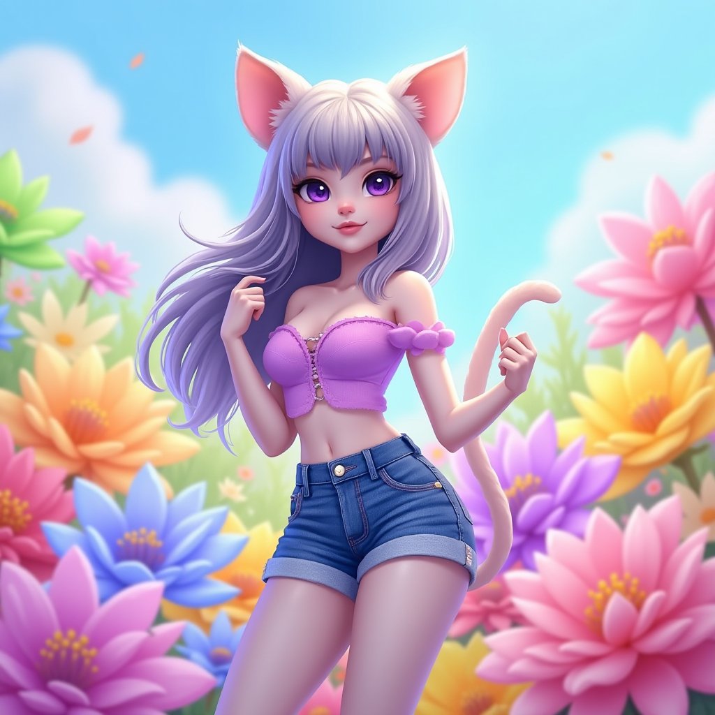 A anthropomorphic cat, beautiful, wearing an off the shoulder top and denim shorts ,with large colorful flowers on a background of giant pastel colored flower petals, perfect body shape, cute pose, bright light blue sky, photorealistic portraits in the style of giant pastel colored flower petals, light purple green pink yellow colors, solid color backgrounds, hyper realistic photography, romantic charm, cute cartoonish designs,0r1g,Epic_LOL 