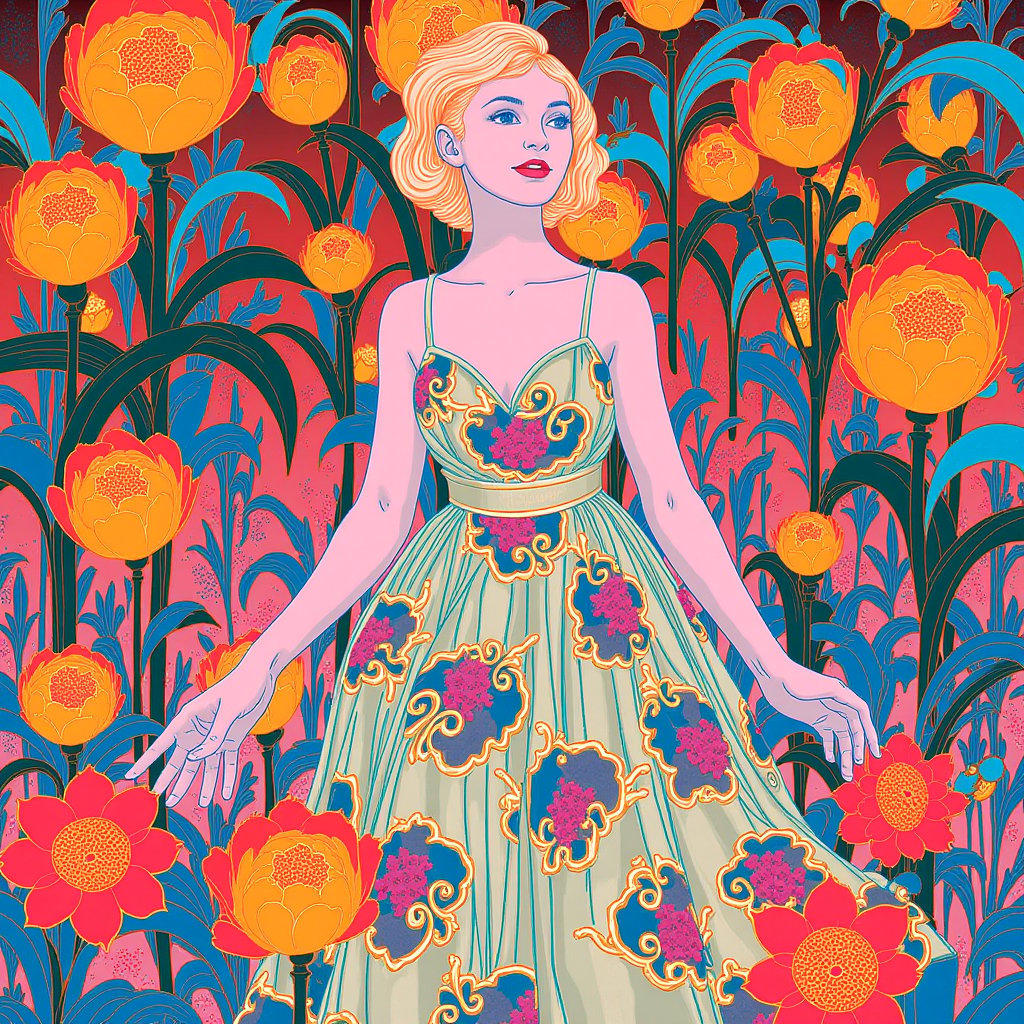 JamesJean, illustration, surreal, bold lines, high detailed, vibrant colors. artwork, beautiful woman In a rococo dress, in a mystery garden with glowing flowers