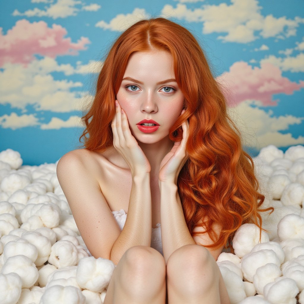 A surreal portrait of a vibrant redhead, seated amidst a sea of fluffy white cotton balls, her long, wavy red locks cascading down her back like a fiery waterfall, framing her striking features. Her piercing blue eyes and bold red lips stand out against the soft, creamy skin. A delicate hand cradles her face, as if protecting the beauty within. The whimsical background of swirling blues, whites, and pinks provides a fantastical backdrop for this dreamlike scene.