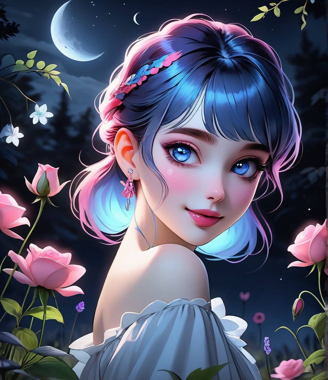 Cute, 1girl with nice smile, two ponytails, two colors hair (pink and blue), bangs between the eyes, blush on the cheeks, dimples on the cheeks, white skin, lipstick on the lips, small nose, flirting look, dark night, meadow, soft moonlight , she smelling an ashen rose flower