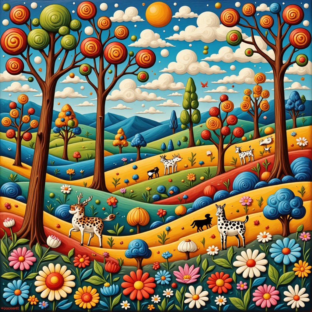 A whimsical folk art. surreal naive art style illustration, whimsical scene, swirling patterns of (trees, clouds, field, hill and flowers), detailed patterns of trees, circular designs on branches, interspersed animals, fractal elements within the patchwork gardens, aesthetic touches, ultrafine detail.