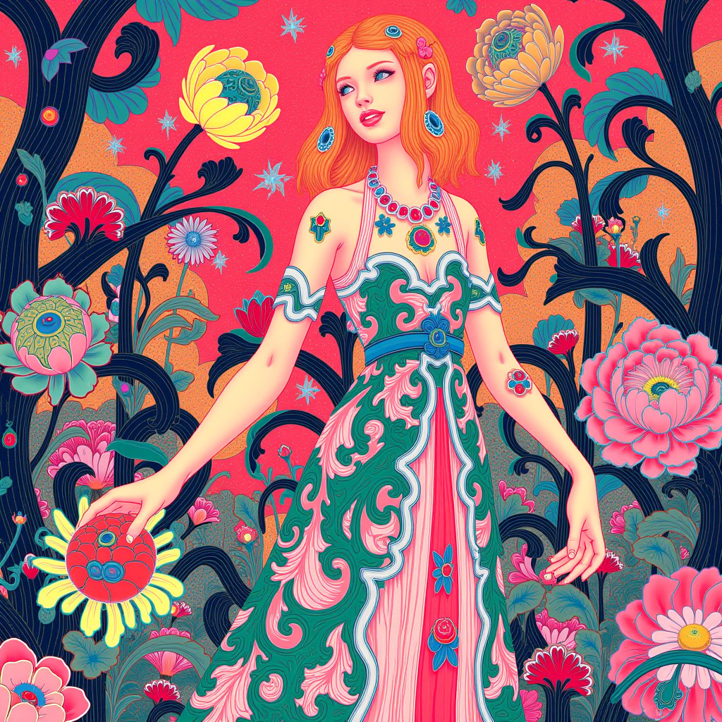 JamesJean, illustration, surreal, bold lines, high detailed, vibrant colors. artwork, beautiful woman In a rococo dress, in a mystery garden with glowing flowers