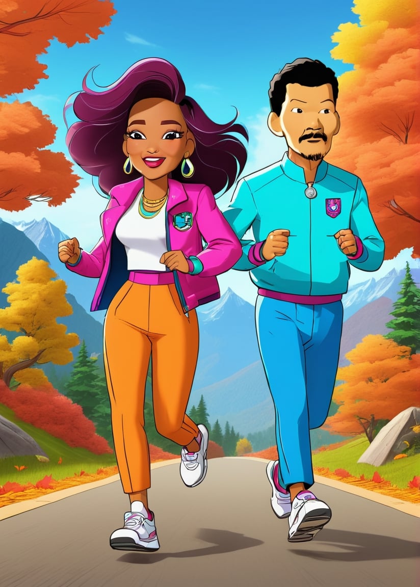 (Cartoon Gigi Thompson:1.1) with (cartoon dr.andre lee) together jogging, 3d, 3d render, mountains, vibrant colors, beautiful sky, autumn forest