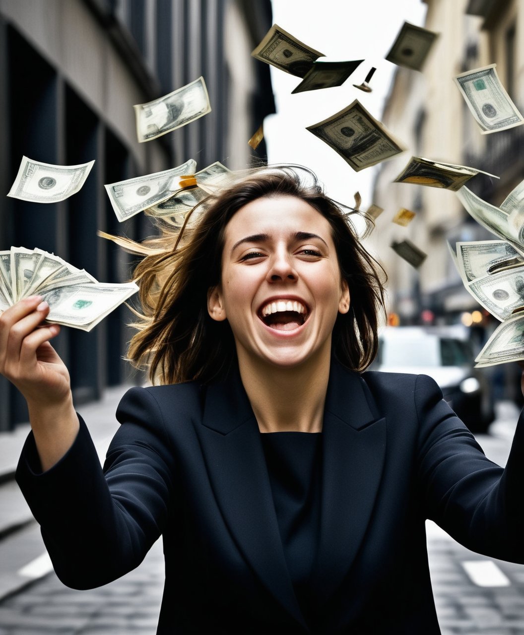 humorous photo of a young Lady throwing a bunch of money into the air on the street,  money everywhere,  sadistic smile on her face,  passers-by trying to catch the money,  ultra quality,  realism pushing to the extreme,  incredibly like live,