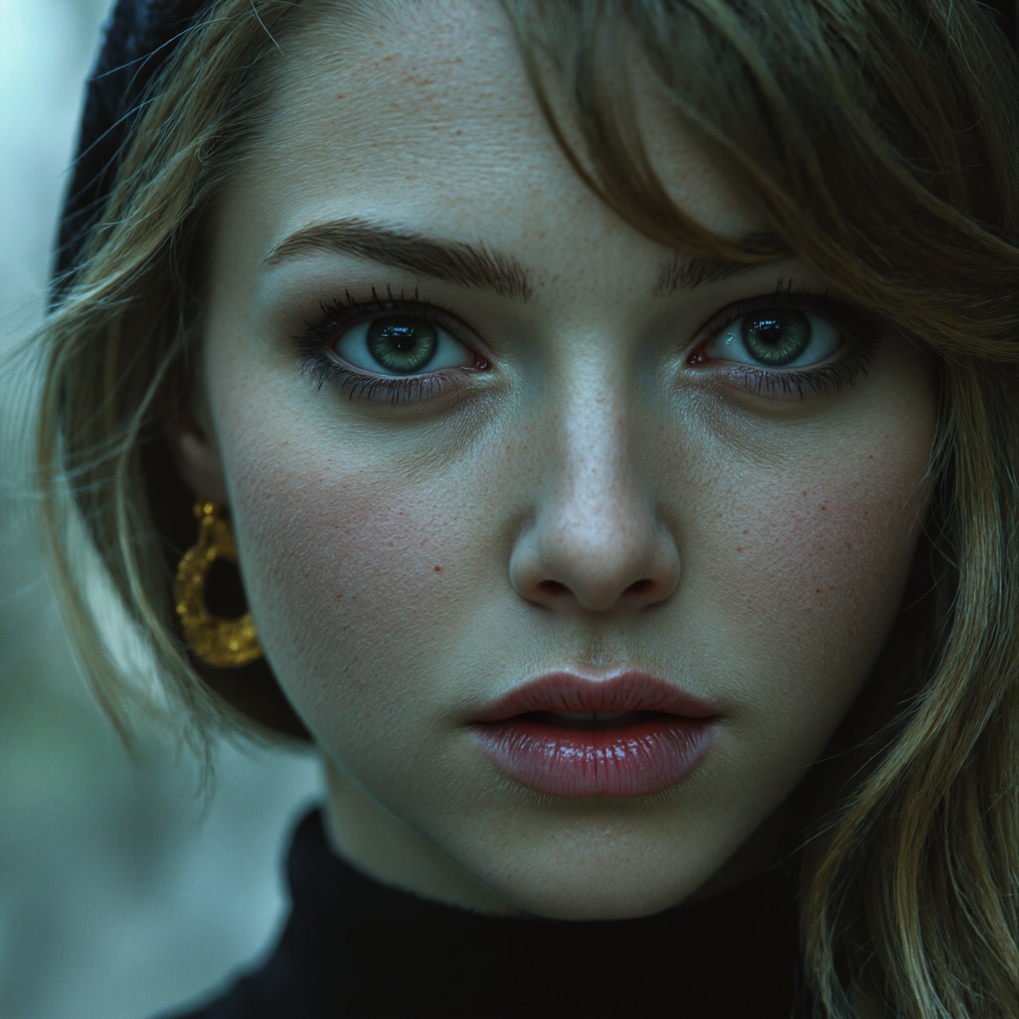 In a tight close-up frame, the camera captures the enigmatic face of a young mage woman bathed in an unearthly glow. Her ghostly complexion appears almost see-through, with a subtle sheen suggesting expert makeup application. Golden earrings glint with mystique, as if infused with ancient magic. Though her eyes are obscured, her full lips curve into a wistful, sinister smile, implying secrets and whispered incantations.,Bilibin_illustration,retro_anime,Amanda Seyfried