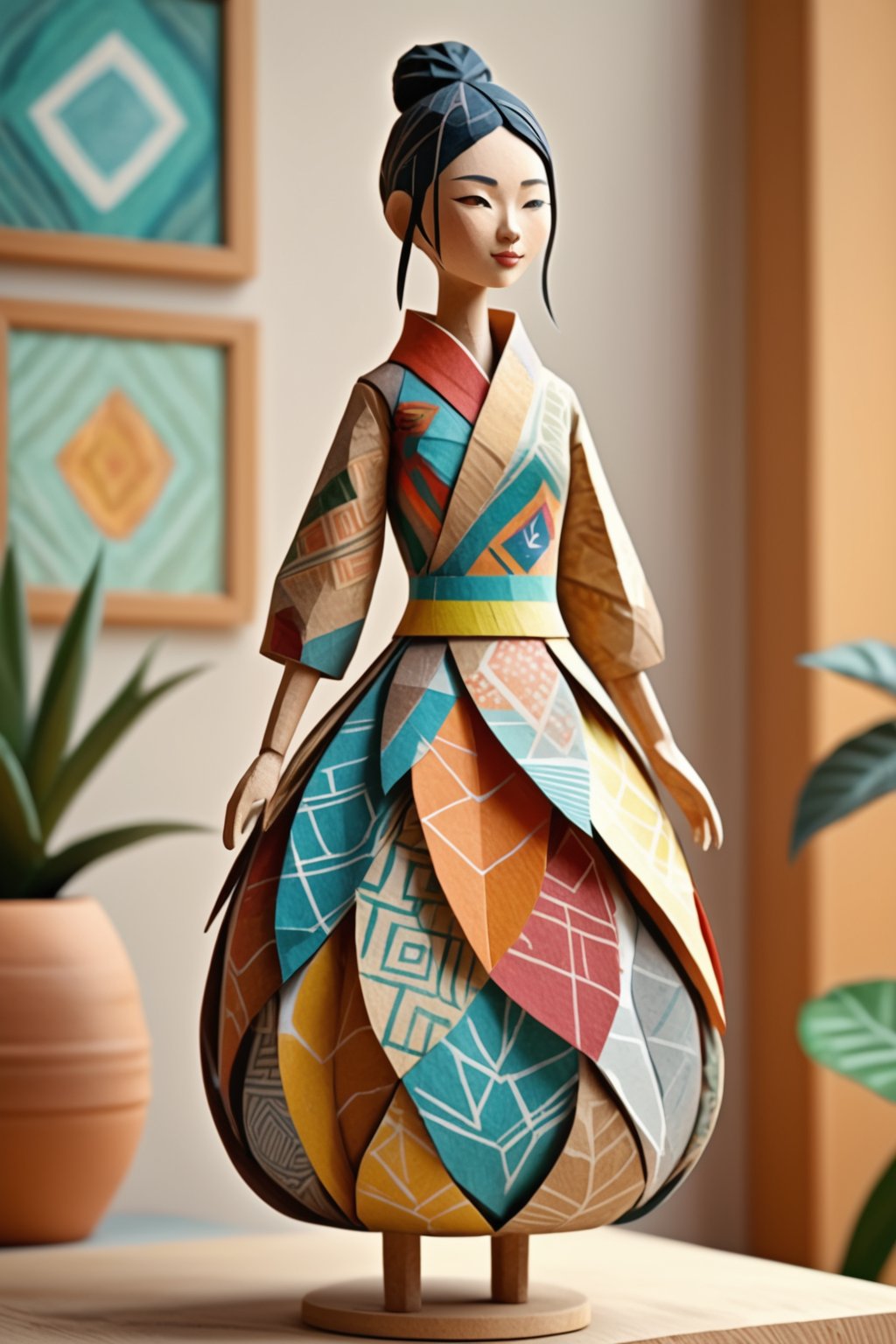 papier mache art mode, layered textures, natural colors, era 2020s contemporary, casual attire, solo, paper mache art style, Rating SFW, a figure depicted with intricate paper mache patterns, ¬the layered textures and natural colors adding a crafted feel, soft focus filter