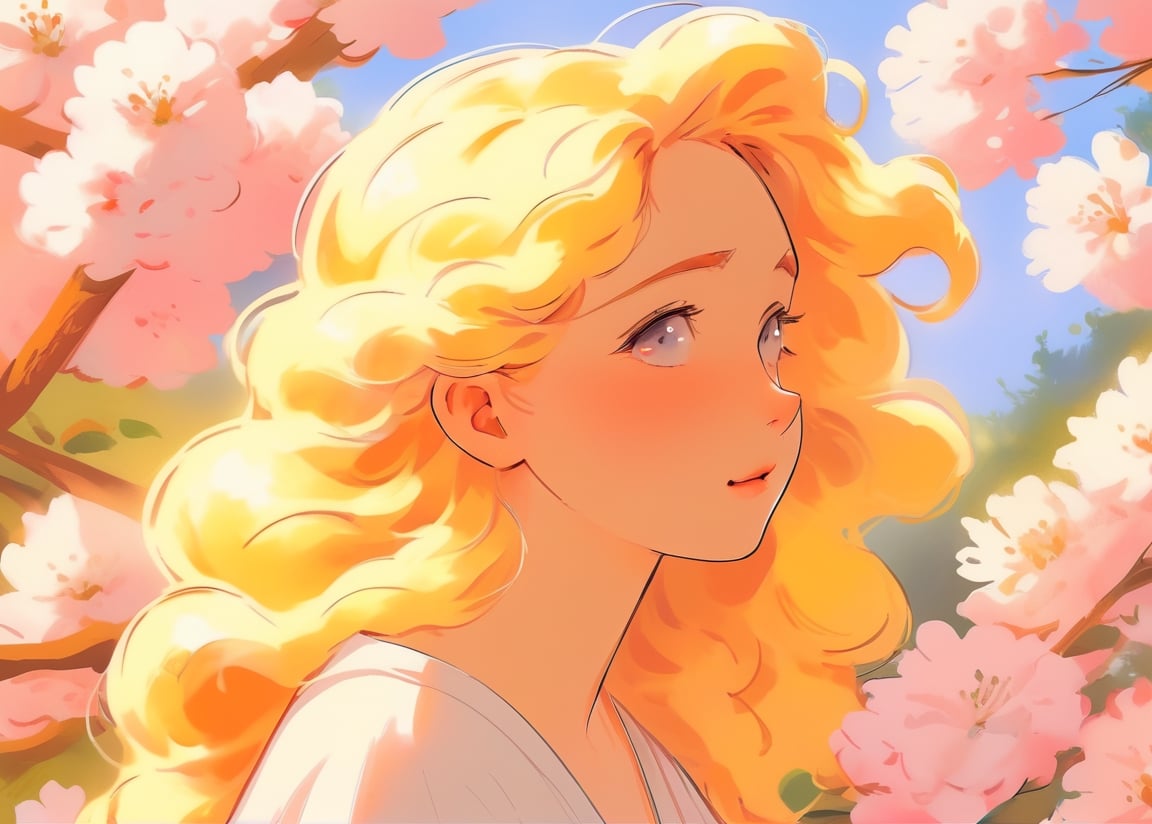 (masterpiece, best quality, niji style) a picture of a beautiful goddess of spring who has blonde wavy hair, romantic, colorful,  high resolution, ghibli, anime style, sketch, realistic, acrylic,Sem_Young_Illustration