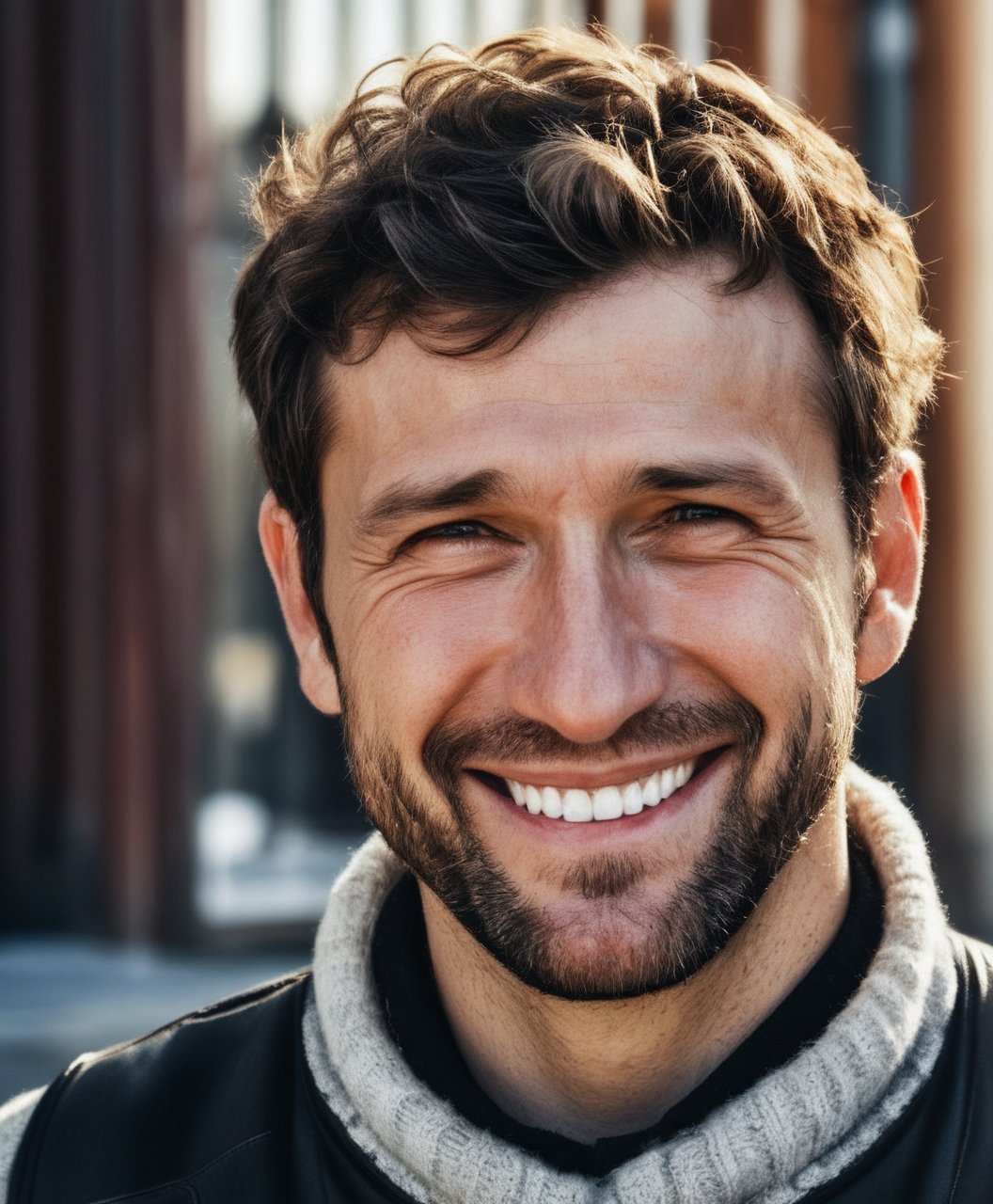 Photo of a rugged man, european, close up shot, light smile