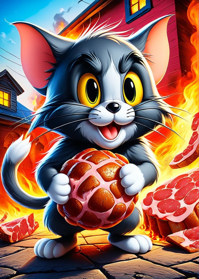 (cute Tom the grey cat (Tom & jerry), out of the house very quickly holding a huge ham in his paw, There is a burning house in the background, detailed vivid colors background, HDR, 8k, detailed muzzle