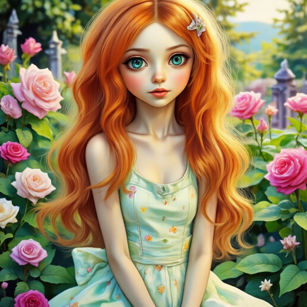 cute young woman with curly red hair, green eyes, white dress, In a magic flower garden,0r1g