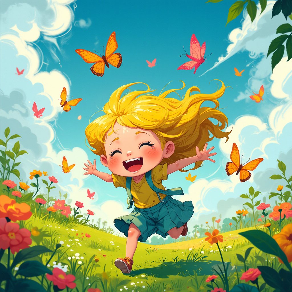 animeniji,niji,2D flat anime, a cheerful girl with bright yellow hair, laughs joyfully as she chases after a flock of colorful butterflies in a vibrant summer meadow. The sun shines brightly, casting playful shadows on the ground, with flowers blooming all around. Her expression radiates happiness, capturing the essence of a carefree summer day, lighthearted and whimsical atmosphere, vivid colors..