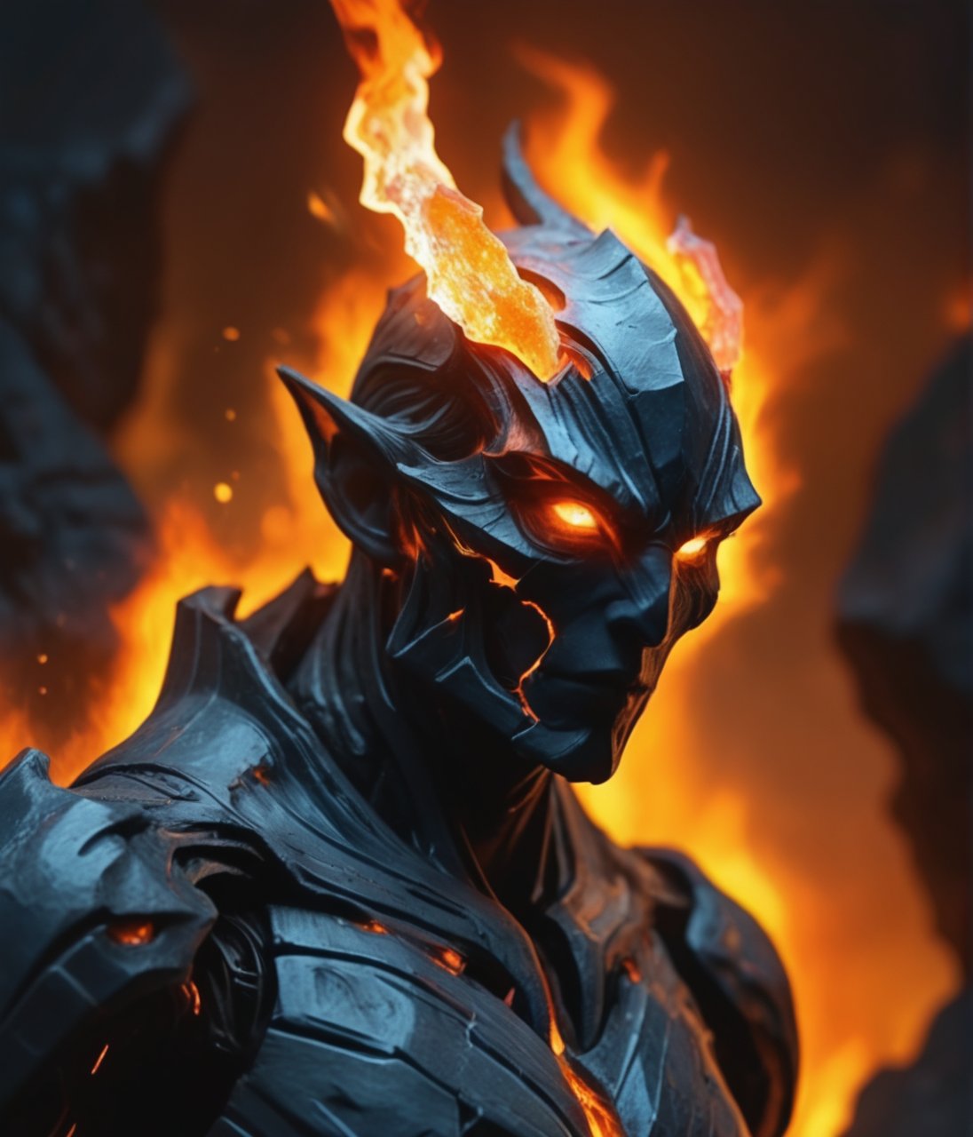 In a dimly lit, smoldering landscape, a humanoid figure dominates the frame, its angular hood resembling a shard of crystal. Smooth, greyish-blue skin glows softly under the faint light, while piercing orange eyes blaze like hot coals against the dark backdrop. Sharp facial features and an intense gaze convey a sense of focus and determination. Molten lava flows and abstract shapes dance in the distance, casting a fiery glow that contrasts starkly with the dark surroundings, creating a mesmerizing and otherworldly atmosphere.