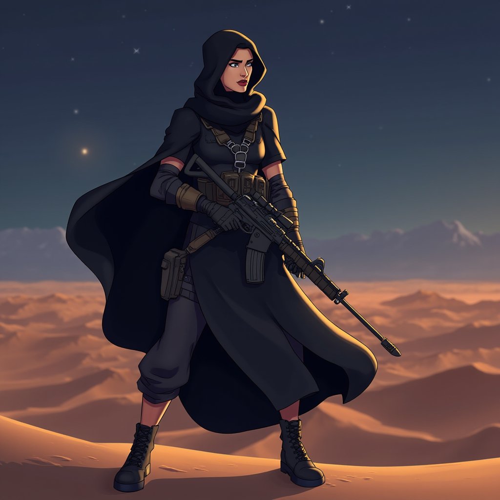 A 38 year old special forces elite woman, rugged clothing suitable for the rigors of war, complemented by a long cloak that billows behind her in the strong wind. She is armed with a sniper rifle. night time, in the desert, arab woman,Mh1$AgThS2,cartoon-style,cartoon-style